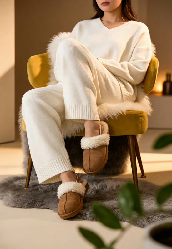 Calora Damen Hausschuhe Lammfell Slipper