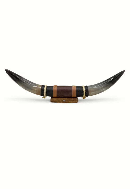 Bullenhorn Wandobjekt Modell 8 – Naturhorn Einzelstück mit Leder-Holzhalterung