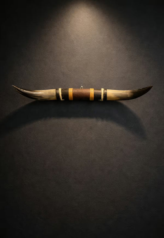 Bullenhorn Wandobjekt Modell 8 – Naturhorn Einzelstück mit Leder-Holzhalterung