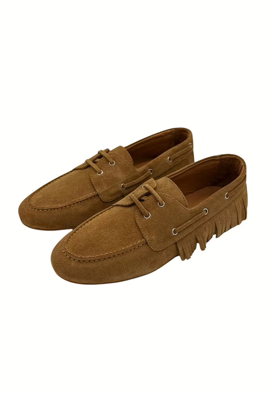 Damen Mokassins Echtleder Camel Fransen HOL40