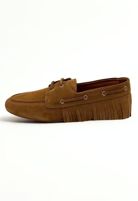 Damen Mokassins Echtleder Camel Fransen HOL40
