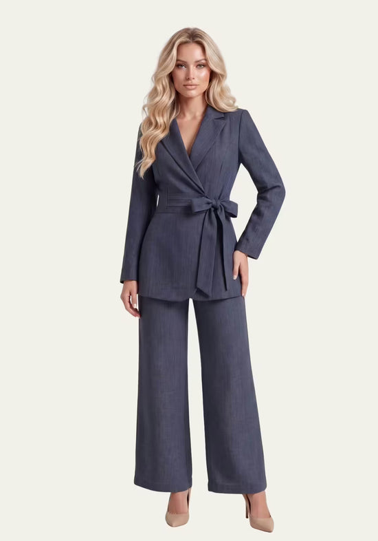Damenhemd & Damenhose Leinen Blau – Wickelblazer & Palazzo-Hose
