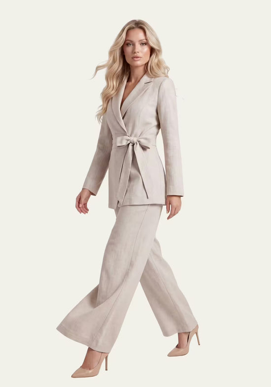 Damenhemd & Damenhose Leinen Beige – Wickelblazer & Palazzo-Hose