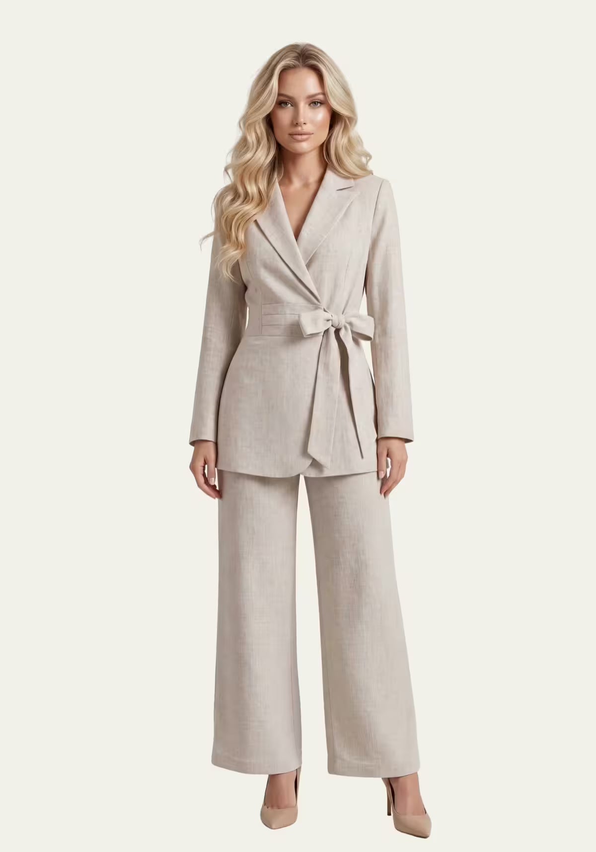 Damenhemd & Damenhose Leinen Beige – Wickelblazer & Palazzo-Hose