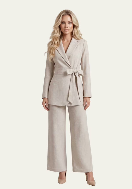 Damenhemd & Damenhose Leinen Beige – Wickelblazer & Palazzo-Hose