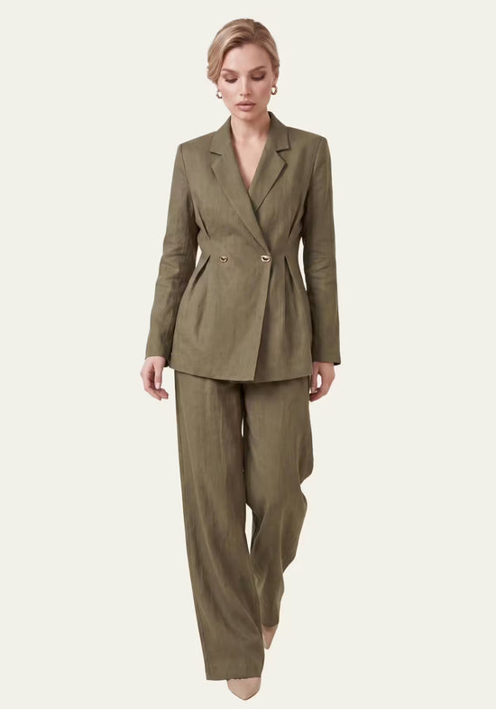 Damenhemd & Damenhose Leinen  Khaki – Langarm-Blazer & Palazzo-Hose