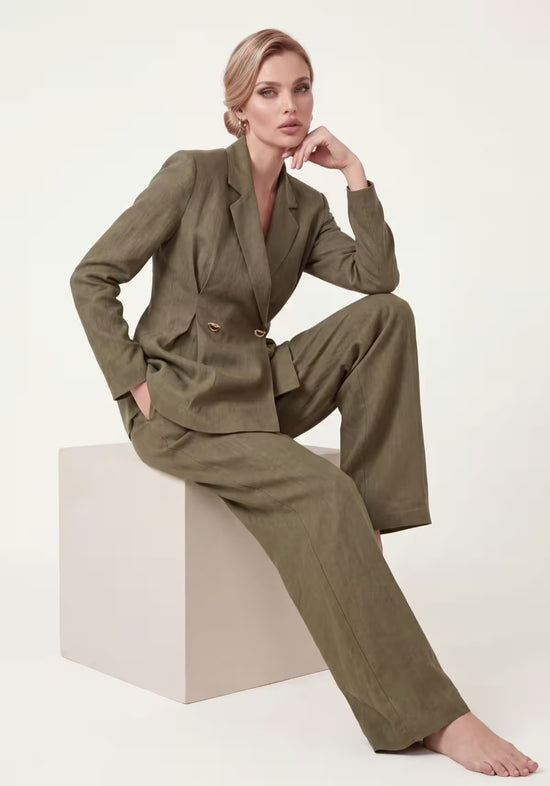 Damenhemd & Damenhose Leinen  Khaki – Langarm-Blazer & Palazzo-Hose