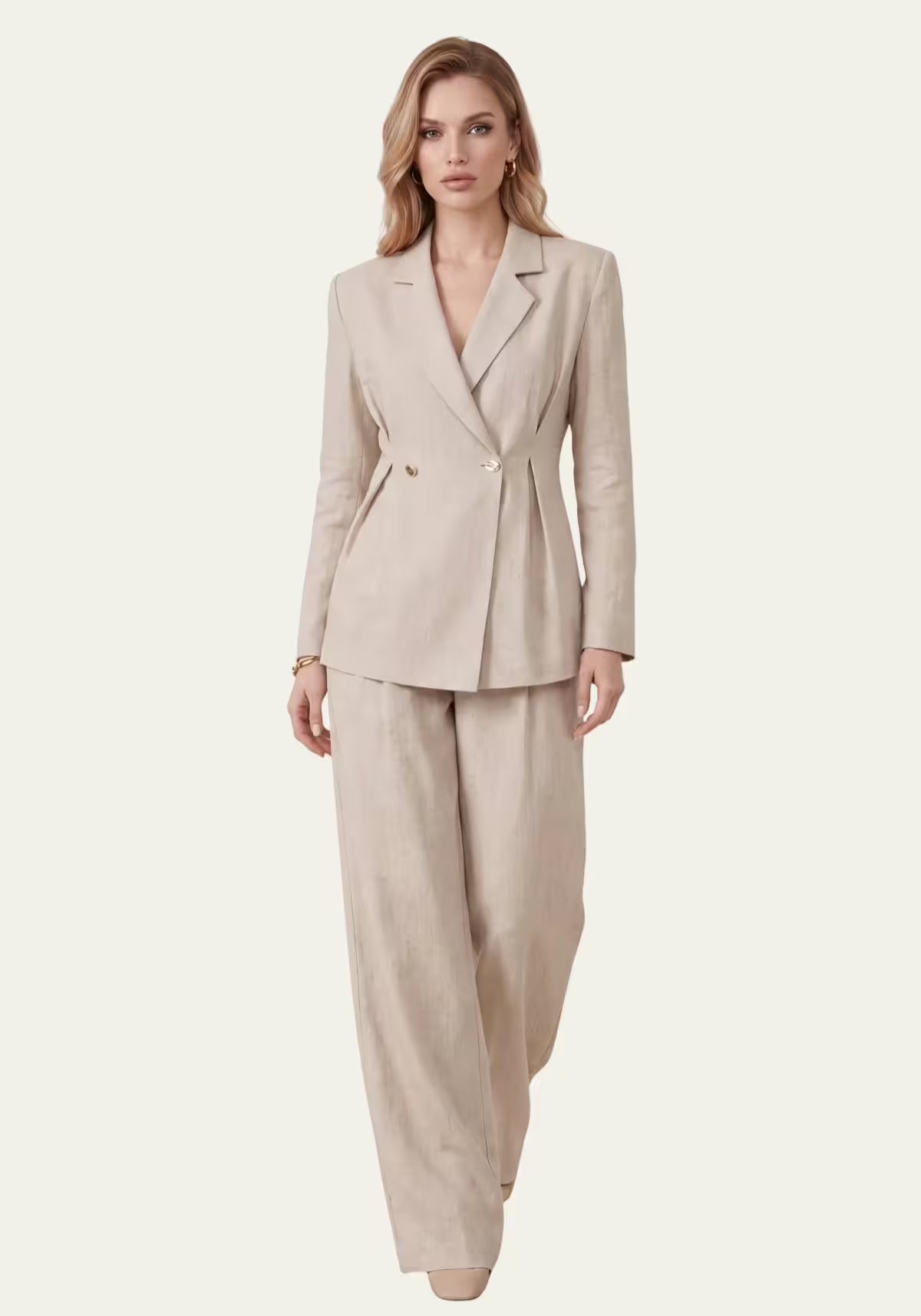 Damenhemd & Damenhose Leinen Beige – Langarm-Blazer & Palazzo-Hose