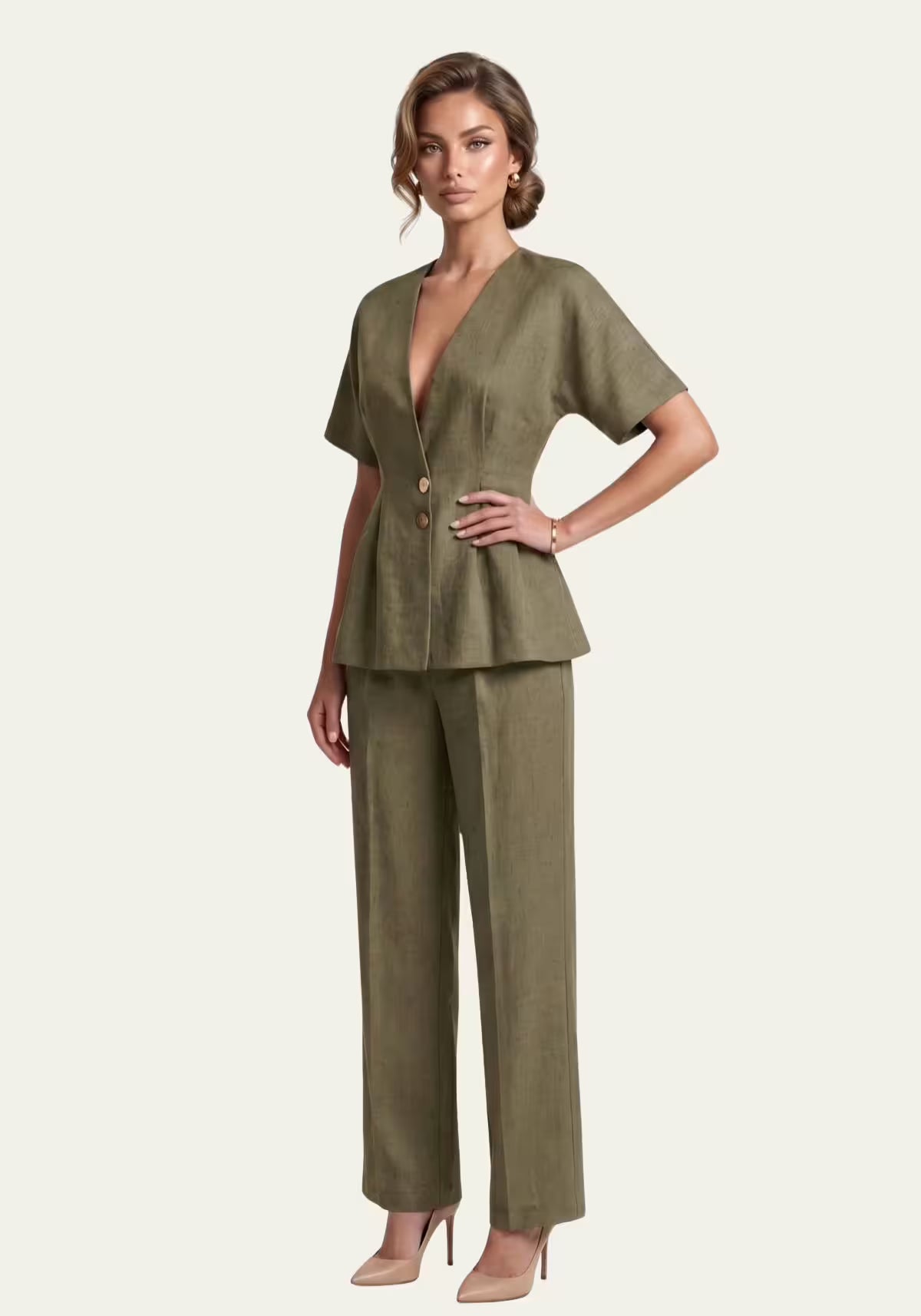 Damenhemd & Damenhose Leinen  Khaki – Blazer & Palazzo-Hose