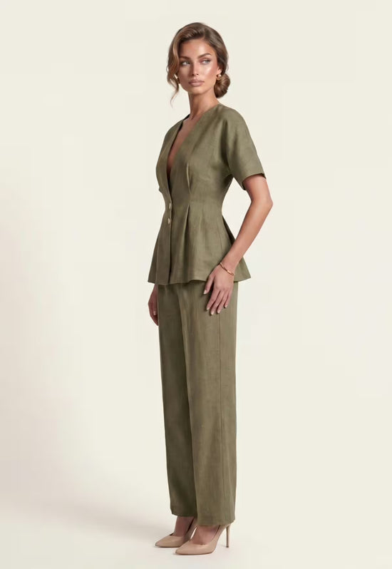 Damenhemd & Damenhose Leinen  Khaki – Blazer & Palazzo-Hose