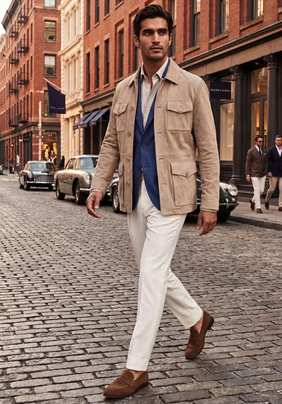 Lederjacke in Beige – Klassischer Safari-Stil