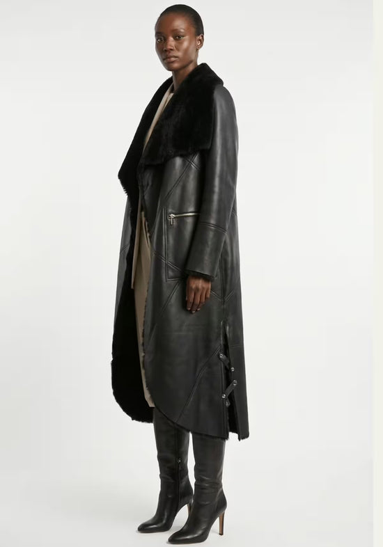 Exklusiver Shearling Wendemantel Schwarz – Abnehmbarer Curly-Fellkragen