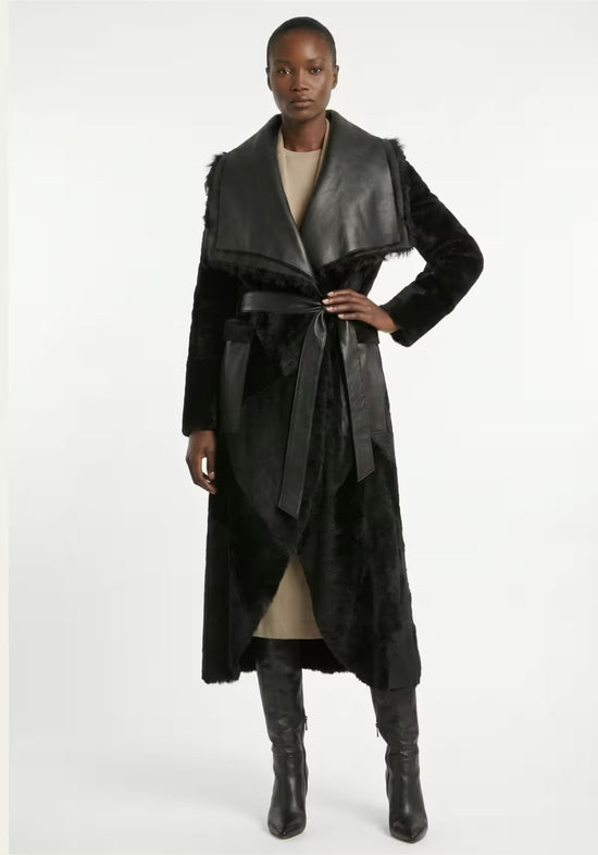 Exklusiver Shearling Wendemantel Schwarz – Abnehmbarer Curly-Fellkragen
