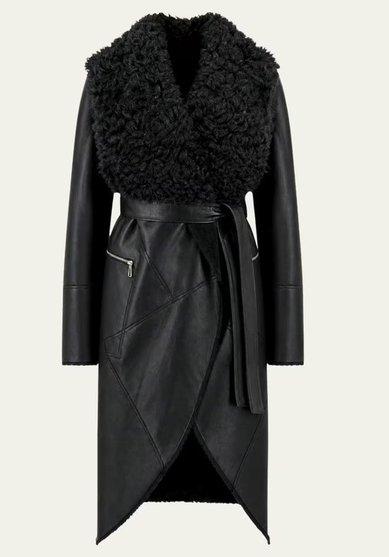 Exklusiver Shearling Wendemantel Schwarz – Abnehmbarer Curly-Fellkragen
