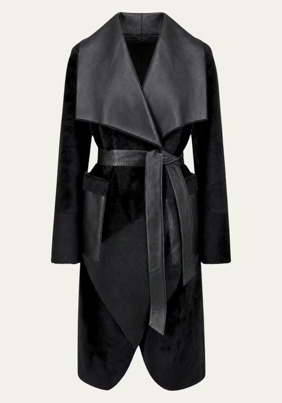 Exklusiver Shearling Wendemantel Schwarz – Abnehmbarer Curly-Fellkragen