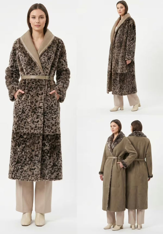 Luxuriöser Shearling-Wendemantel mit Leoparden-Dessin – Taupe & Sandton– Modell 1987