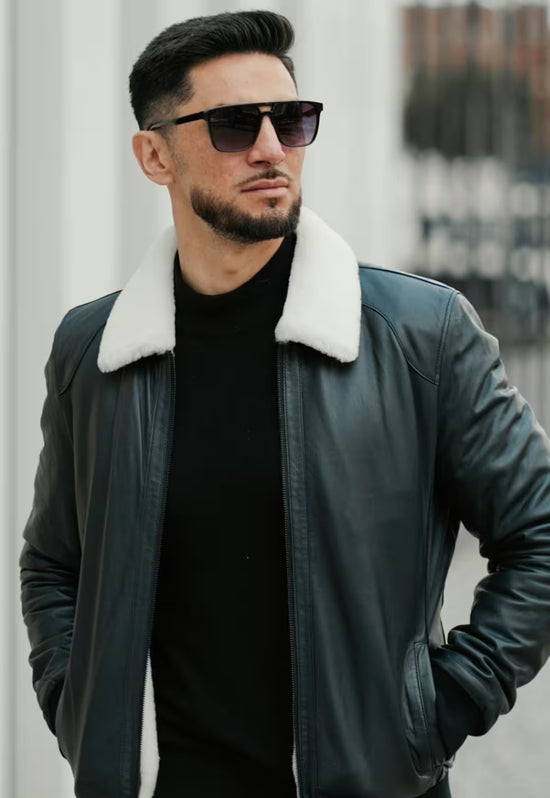 Luxus-Lammfelljacke Damian | Dunkelblau – Pilotenstil & Merino-Lammfell