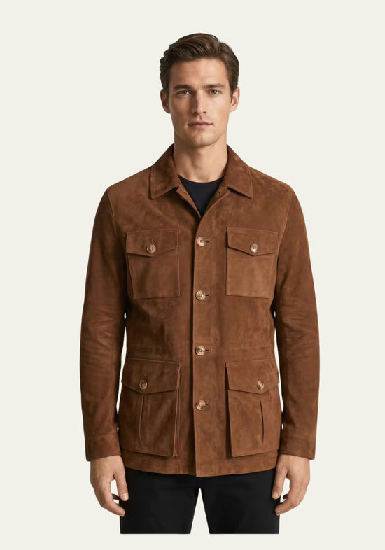 Herren Veloursleder-Jacke Cognac im Safari-Design