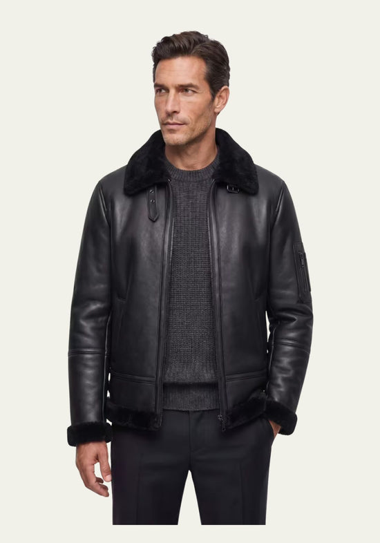 Lammfell Bomberjacke Aviator Black – Merino Shearling