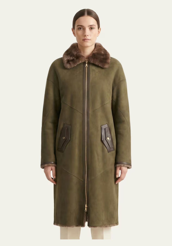 Exklusiver Lammfellmantel Olive – Shearling Damen Modell 1134