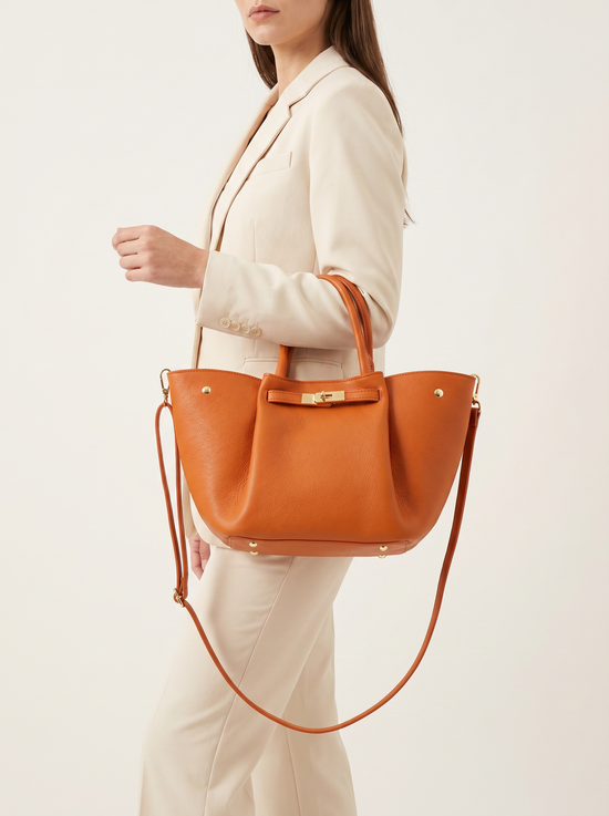 Luxus Damenhandtasche Echtleder Cognac Gold Edition