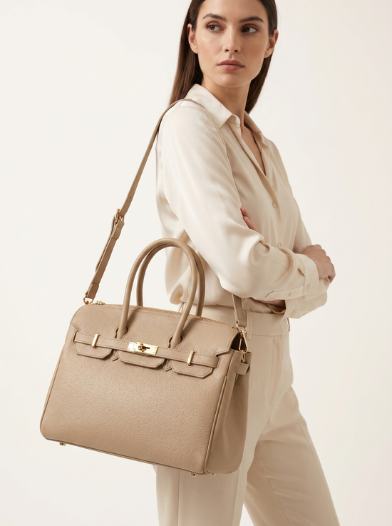Elegante Echtleder-Handtasche Taupe – Schulter- & Henkeltasche